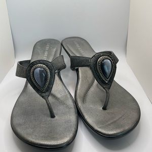 Laura Ashley Pewter Wedge Flip Flops with Stone Detail Straps Sz 10